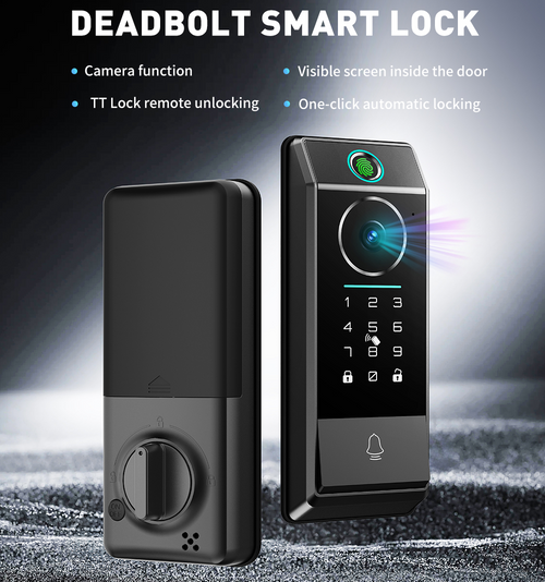 Smart Deadbolt Lock with Camera Doorbell, Fingerprint, Wi-Fi Keypad Door Lock, and ANSI Grade 2 | RNSV-CA229F01BN, Black Nickel
