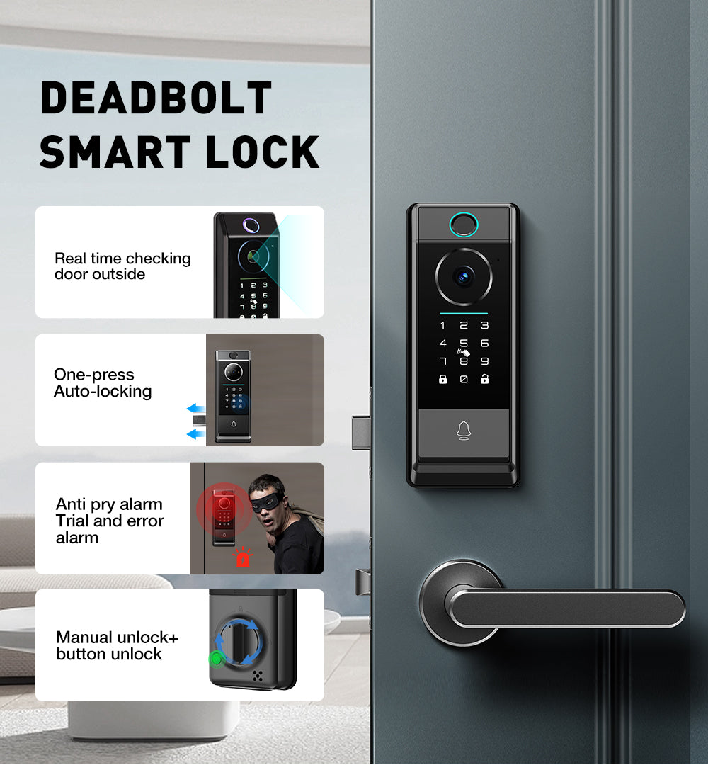 Smart Deadbolt Lock with Camera Doorbell, Fingerprint, Wi-Fi Keypad Door Lock, and ANSI Grade 2 | RNSV-CA229F01BN, Black Nickel